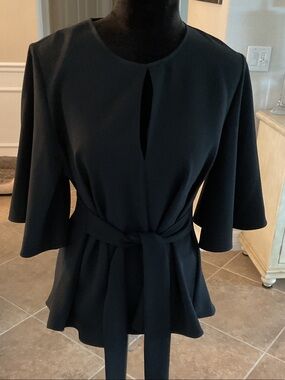 ZARA black tie waist bell half sleeve keyhole cutout top, size L